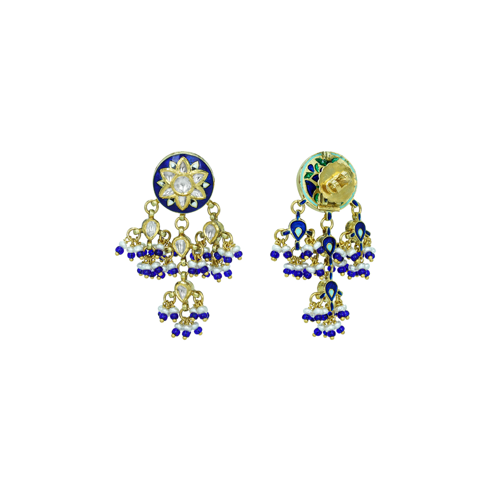 Floral Motif Earrings with Blue Enamel and Cascading Beads